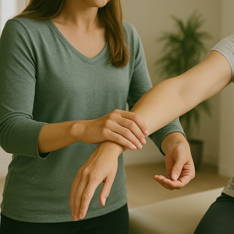 Heilpraktikerin führt kinesiologischen Muskeltest bei Patientin durch.