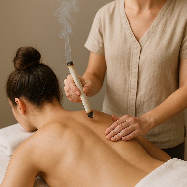 Heilpraktikerin führt Moxibustion-Therapie am Rücken einer Patientin durch
