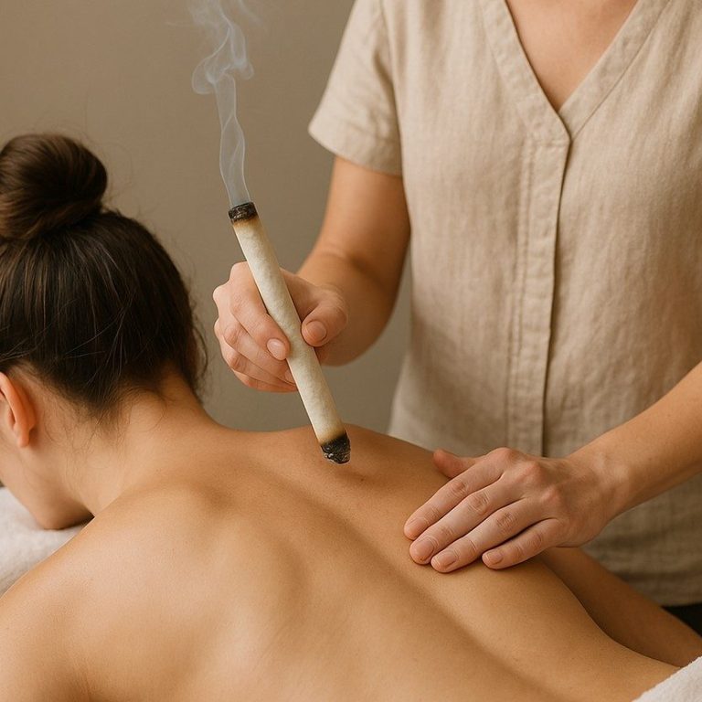 Heilpraktikerin führt Moxibustion-Therapie am Rücken einer Patientin durch