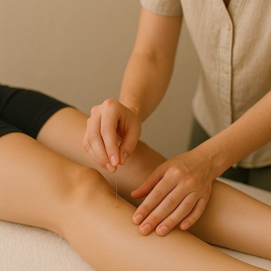 Eine Hand platziert eine Akupunkturnadel auf das Knie einer liegenden Person.